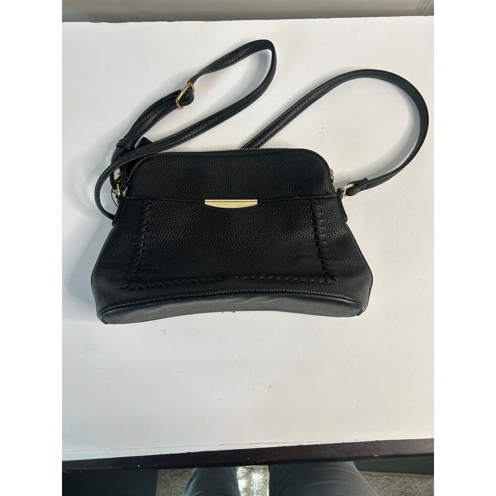Black Faux Leather Shoulder Bag with Gold Accent